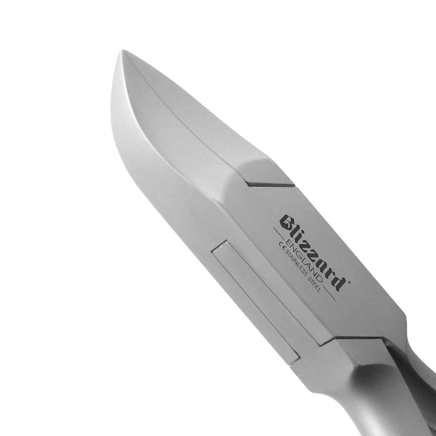 Close-up of Blizzard® concave head toenail clipper showing sharp blades and ergonomic chequered handles