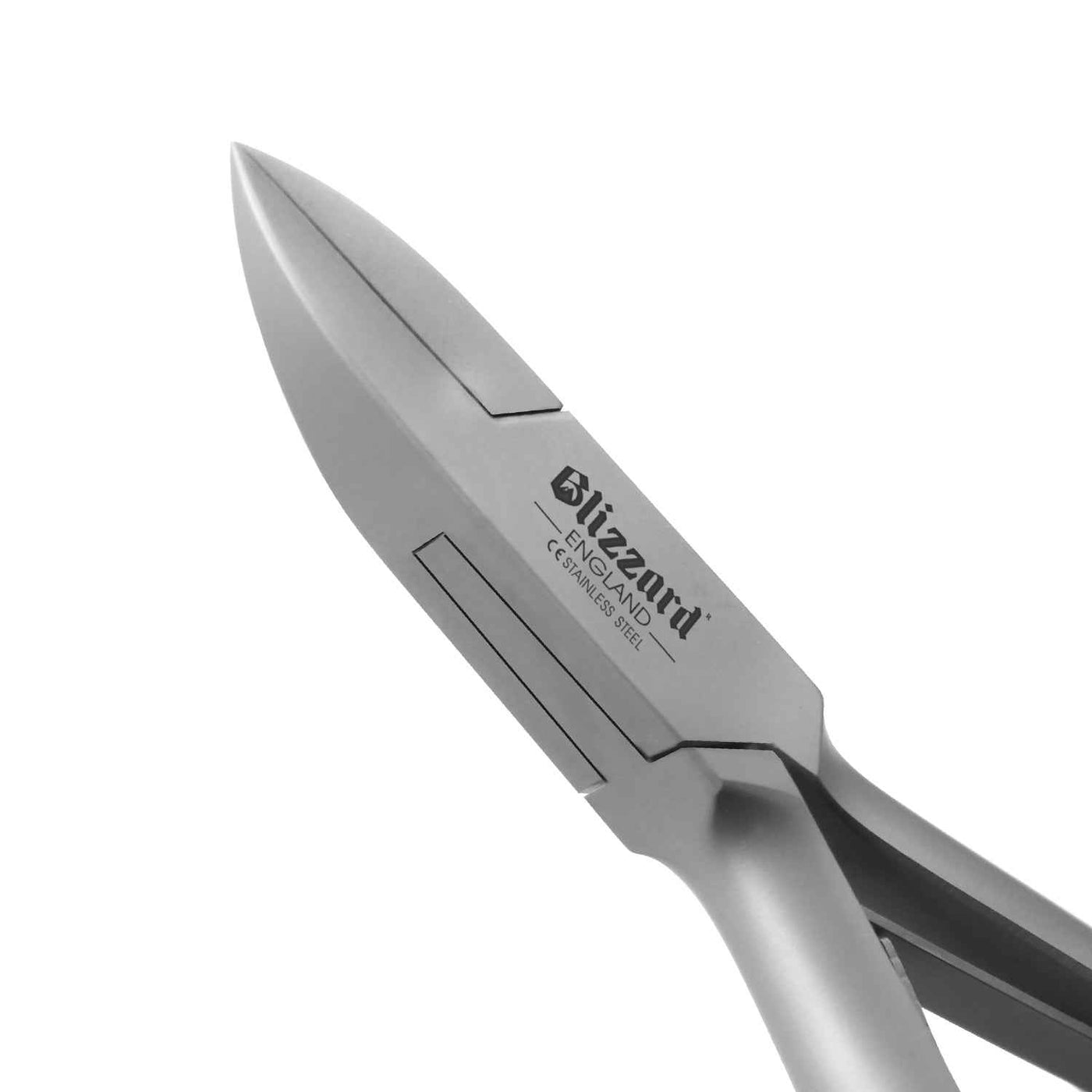 Close-up of Blizzard® ingrown toenail clipper showing sharp straight head stainless steel blades