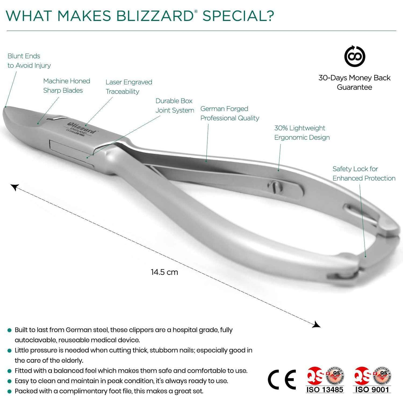 Key features of Blizzard® diabetic toenail clippers – ergonomic grip, safety lock, concave blades