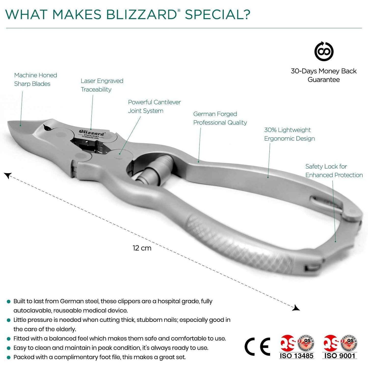 Key features of Blizzard® 12cm heavy duty toenail clippers – premium German steel, ergonomic design, barrel spring, clean and safe cutting for thick nails