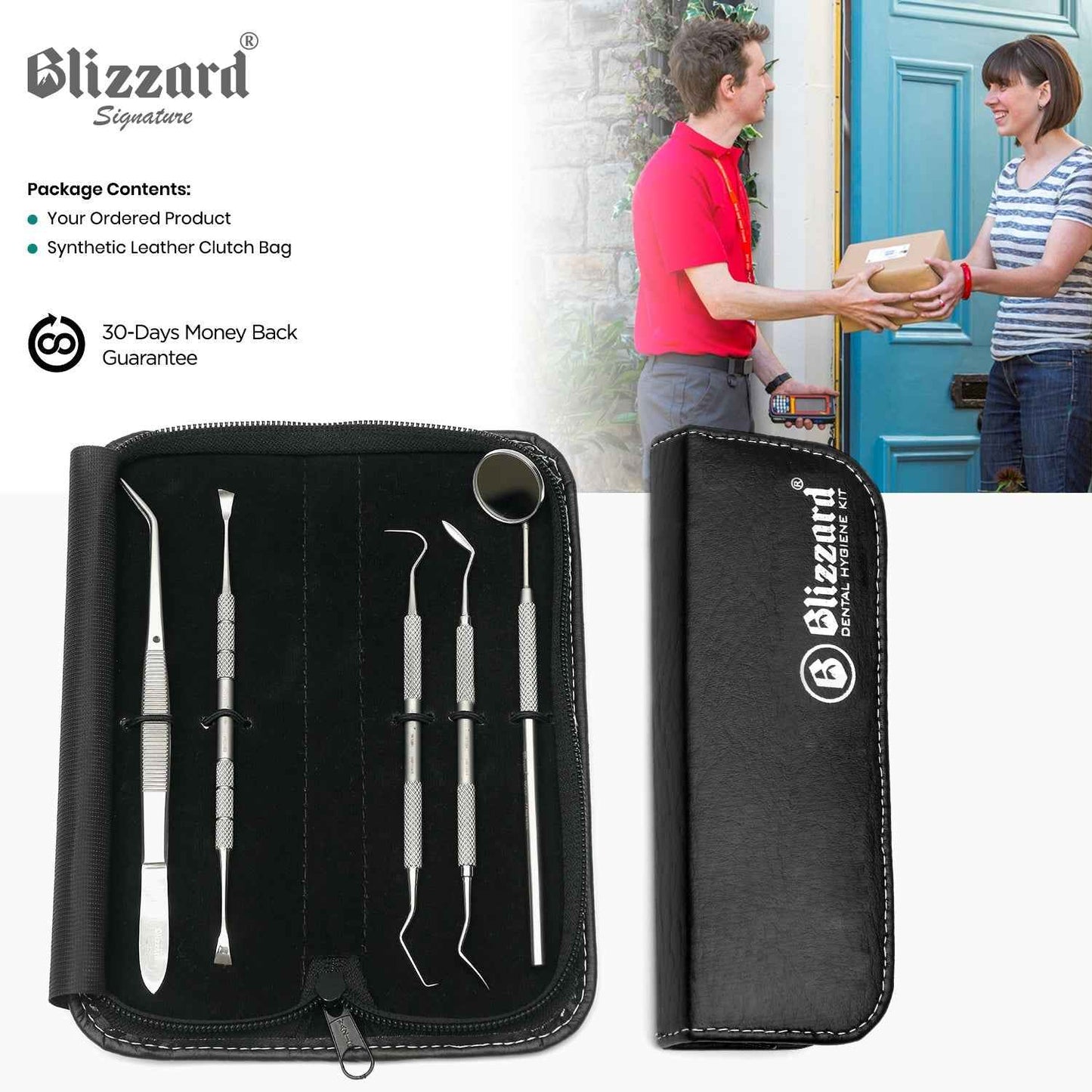 Blizzard® 5-Pcs dental kit packaging with synthetic leather clutch bag and instruction card